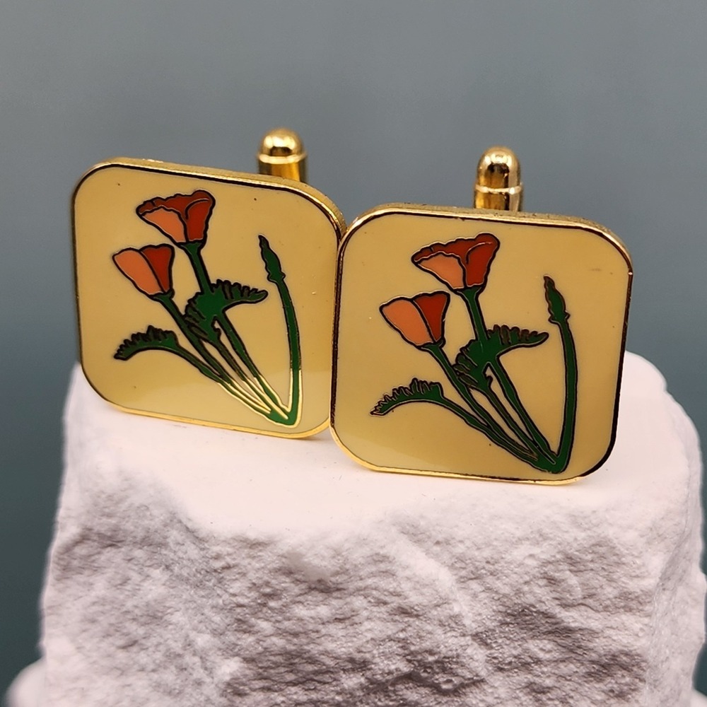 Vintage Gold Tone Enamel Poppy Flower Cufflinks Orange Green Floral Men's Gift